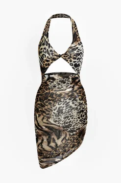 MICAS Midi Dresses-Leopard Print Twist Halter Backless Midi Dress Contrast Color