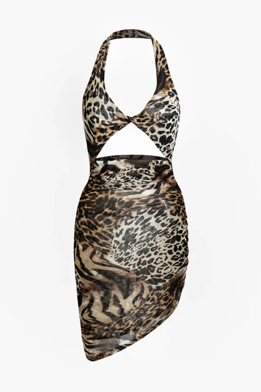MICAS Midi Dresses-Leopard Print Twist Halter Backless Midi Dress Contrast Color