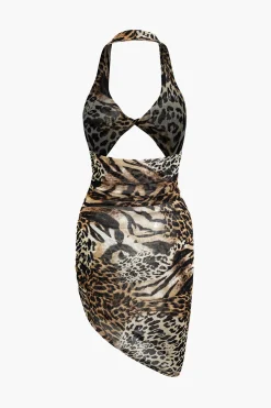 MICAS Midi Dresses-Leopard Print Twist Halter Backless Midi Dress Contrast Color