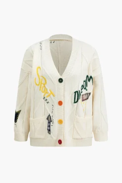 MICAS Outerwear|Outerwear-Letter Embroidery Sweater Cardigan