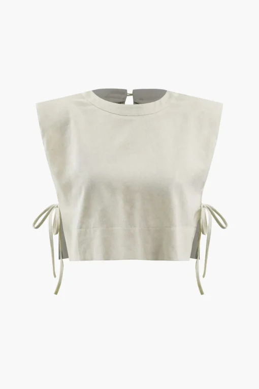 MICAS Pant Sets-Linen Padded-Shoulder Tie Side Top And Drawstring Pants Set BEIGE