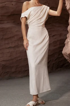MICAS Midi Dresses-Linen Ruched Slit Midi Dress BEIGE