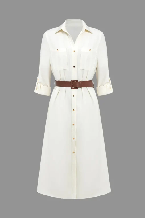 MICAS Long Sleeve Dresses|Midi Dresses-Long Sleeve Collar Belted Midi Dress WHITE