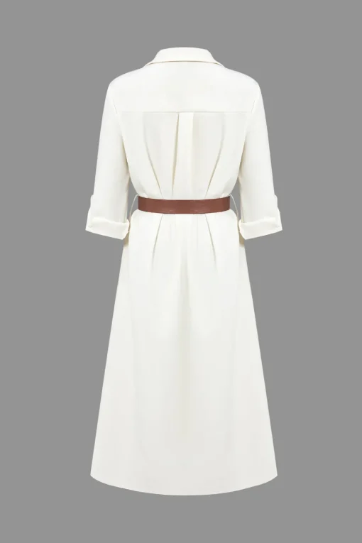 MICAS Long Sleeve Dresses|Midi Dresses-Long Sleeve Collar Belted Midi Dress WHITE