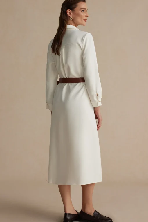 MICAS Long Sleeve Dresses|Midi Dresses-Long Sleeve Collar Belted Midi Dress WHITE