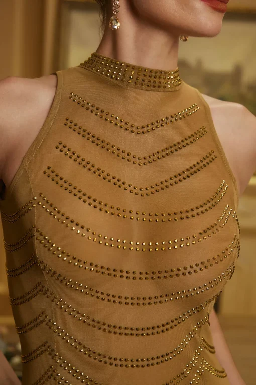 MICAS Maxi Dresses-Mesh Backless Sheer Rhinestone Maxi Dress PURE GOLD