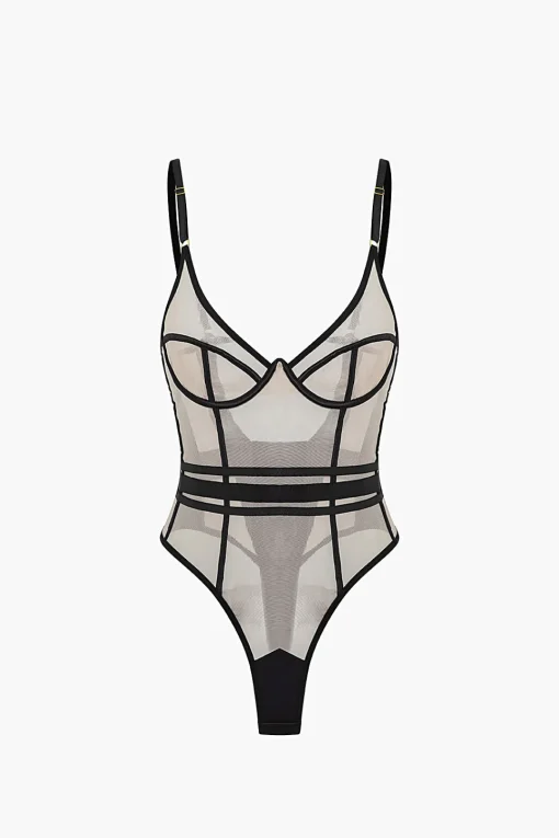 MICAS Lingerie & Sleepwear-Mesh Backless Sheer Sleeveless Bodysuit Contrast Color