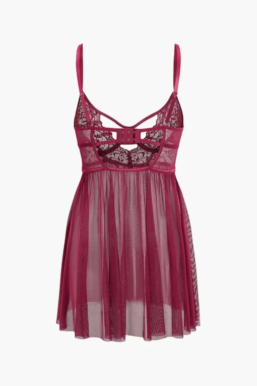 MICAS Lingerie & Sleepwear-Mesh Bustier Cut Out Embroidery Side Slit Sleepwear Set BURGUNDY