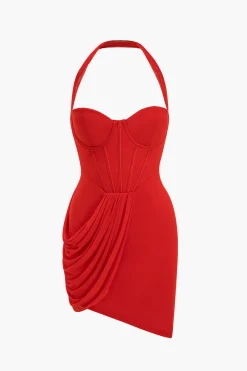 MICAS Mini Dresses-Mesh Halter Neck Backless Bustier Mini Dress CHILI