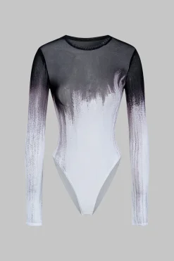 MICAS Bodysuits-Mesh Long Sleeve Contrast Print Bodysuit WHITE