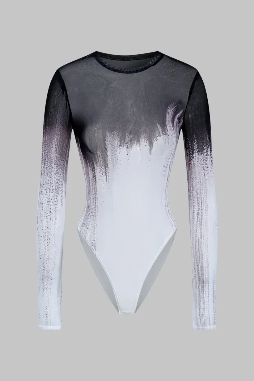 MICAS Bodysuits-Mesh Long Sleeve Contrast Print Bodysuit WHITE