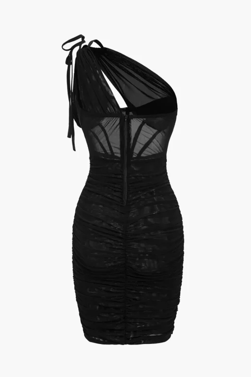 MICAS Mini Dresses-Mesh One Shoulder Corset Sleeveless Mini Dress BLACK