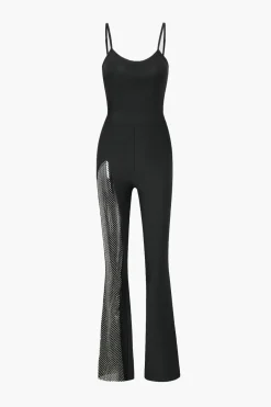 MICAS Jumpsuits & Rompers-Mesh Panel Flared Leg Jumpsuit BLACK
