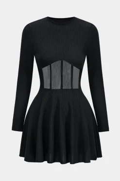 MICAS Long Sleeve Dresses|Mini Dresses-Mesh Patchwork Corset Long Sleeve Mini Dress BLACK