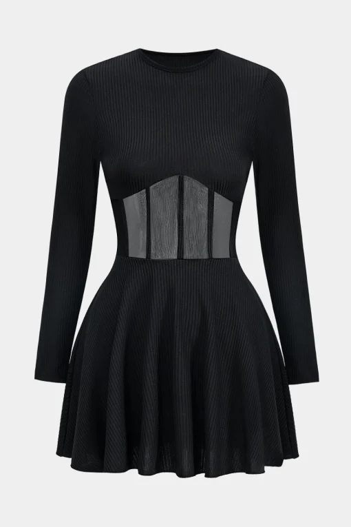 MICAS Long Sleeve Dresses|Mini Dresses-Mesh Patchwork Corset Long Sleeve Mini Dress BLACK