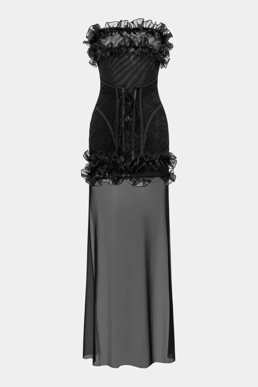 MICAS Mini Dresses-Mesh Patchwork Off Shoulder Strapless Sleeveless Mini Dress BLACK
