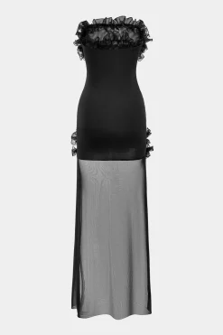 MICAS Mini Dresses-Mesh Patchwork Off Shoulder Strapless Sleeveless Mini Dress BLACK