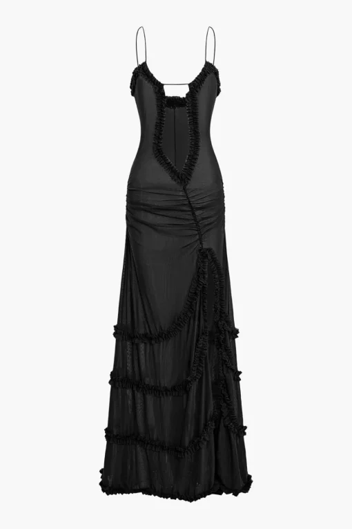 MICAS Maxi Dresses-Mesh Ruched Layered Frill Slip Maxi Dress