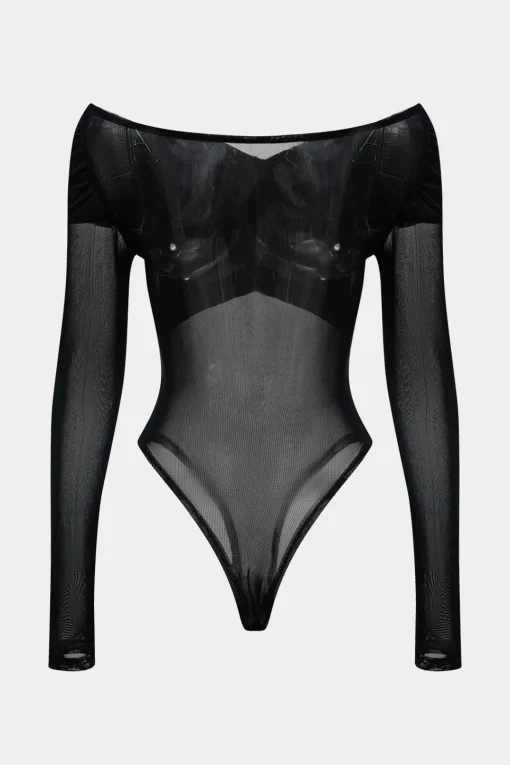 MICAS Bodysuits-Mesh Satin Patchwork Sheer Long Sleeve Bodysuit BLACK
