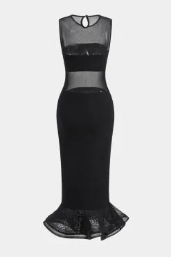 MICAS Midi Dresses-Mesh Sheer Sleeveless Midi Dress BLACK