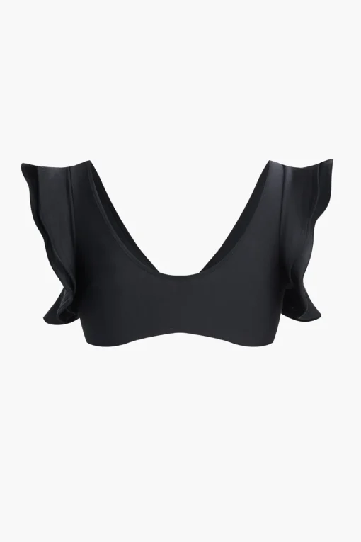 MICAS Swimwear-Metal Flower Decor Ruffle Bikini Set BLACK