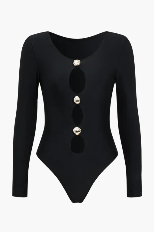 MICAS Swimwear-Metallic Button Cut Out One-Piece Swimsuit BLACK