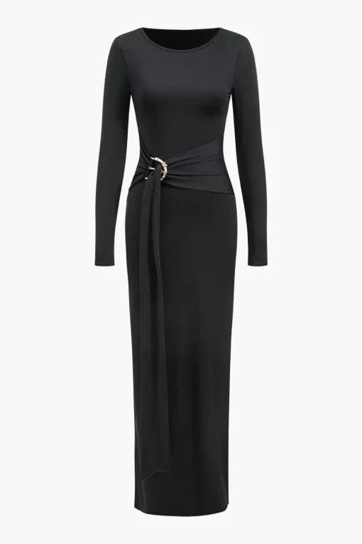 MICAS Long Sleeve Dresses|Maxi Dresses-Metallic Detail Tie-Up Long Sleeve Maxi Dress BLACK