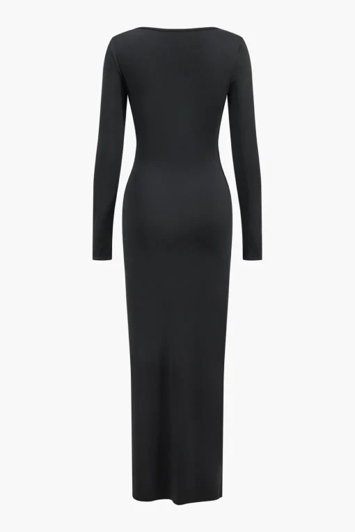 MICAS Long Sleeve Dresses|Maxi Dresses-Metallic Detail Tie-Up Long Sleeve Maxi Dress BLACK