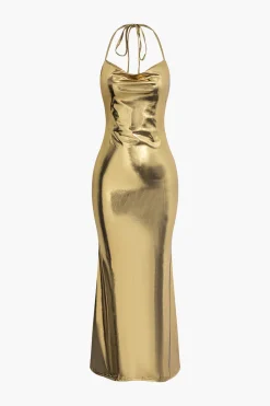 MICAS Maxi Dresses-Metallic Tie Halter Cowl Neck Backless Maxi Dress