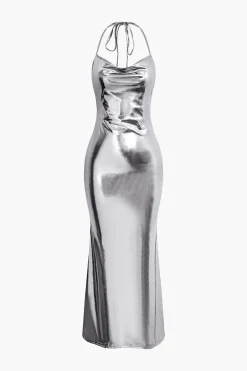 MICAS Maxi Dresses-Metallic Tie Halter Cowl Neck Backless Maxi Dress