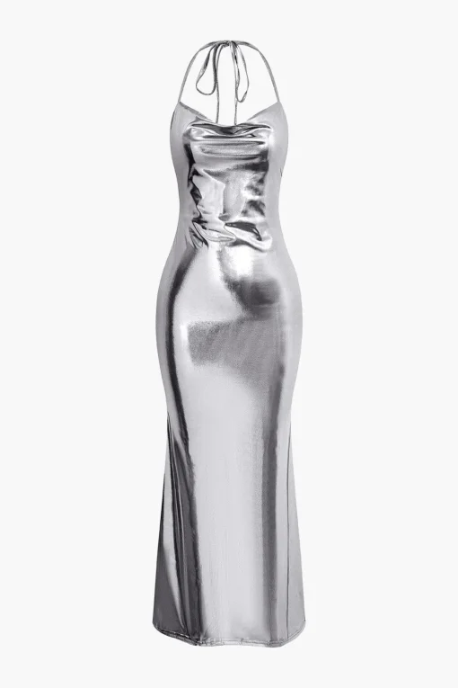 MICAS Maxi Dresses-Metallic Tie Halter Cowl Neck Backless Maxi Dress