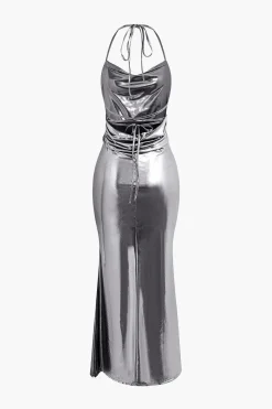 MICAS Maxi Dresses-Metallic Tie Halter Cowl Neck Backless Maxi Dress