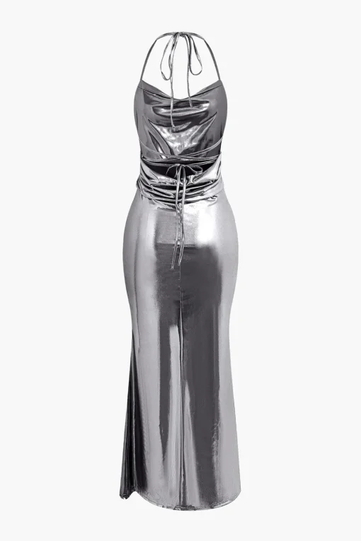 MICAS Maxi Dresses-Metallic Tie Halter Cowl Neck Backless Maxi Dress