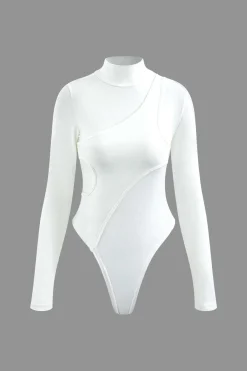 MICAS Bodysuits-Mock Neck Asymmetric Paneled Cut Out Bodysuit WHITE