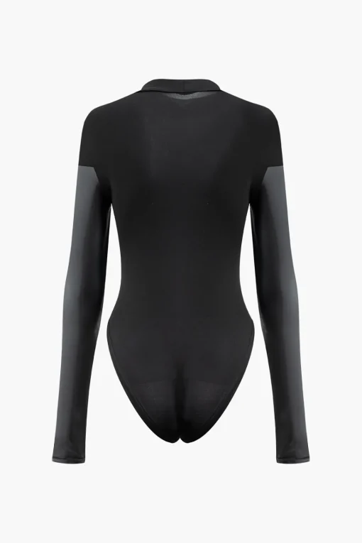 MICAS Long Sleeve Tops|Long Sleeves Tops-Mock Neck Faux Leather Paneled Long Sleeve Bodysuit