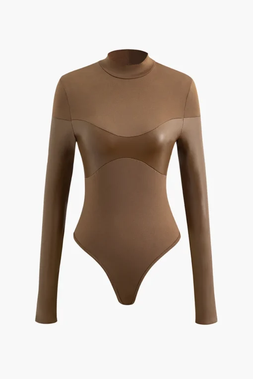 MICAS Long Sleeve Tops|Long Sleeves Tops-Mock Neck Faux Leather Paneled Long Sleeve Bodysuit