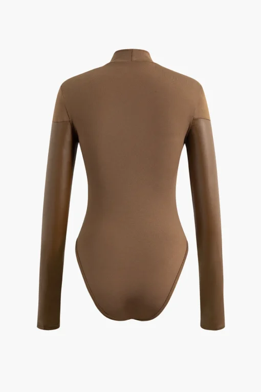 MICAS Long Sleeve Tops|Long Sleeves Tops-Mock Neck Faux Leather Paneled Long Sleeve Bodysuit