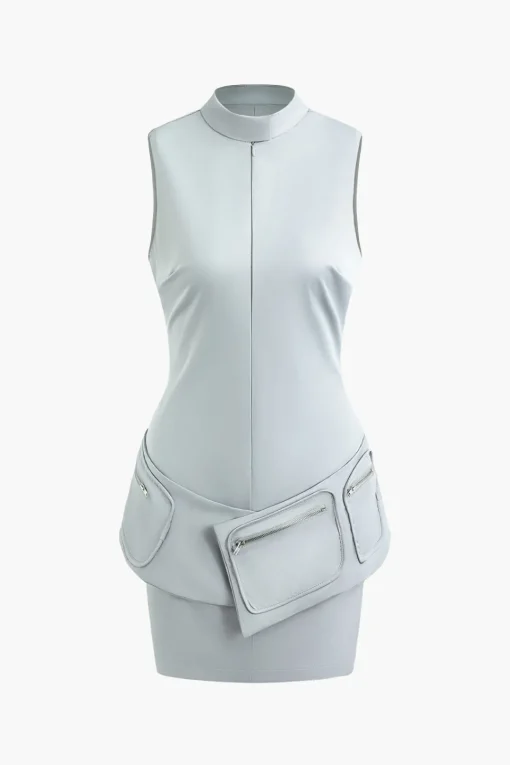 MICAS Mini Dresses-Mock Neck Pocket Detail Sleeveless Mini Dress PEARL RIVER