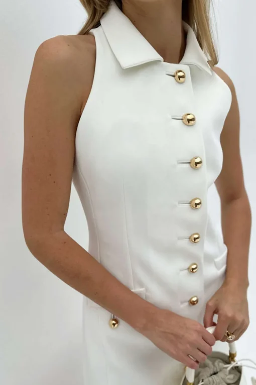 MICAS Mini Dresses-Multi-Button Collared Pocket Mini Dress WHITE