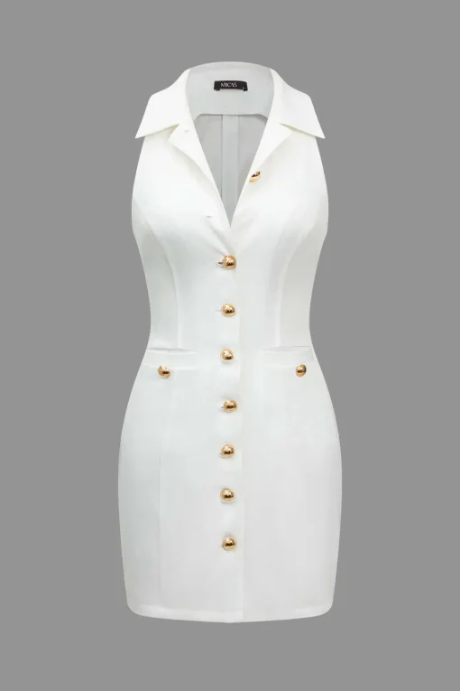 MICAS Mini Dresses-Multi-Button Collared Pocket Mini Dress WHITE
