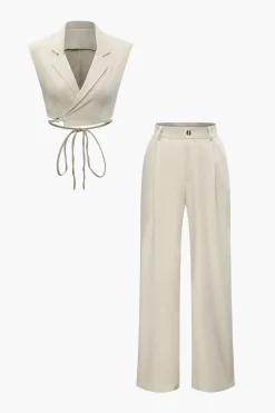 MICAS Pant Sets-Notched Lapel Tie Back Vest And Straight Leg Suit Pants Set