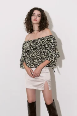 MICAS Long Sleeve Tops|Long Sleeves Tops-Off-The-Shoulder Chiffon Peplum Top BLACK
