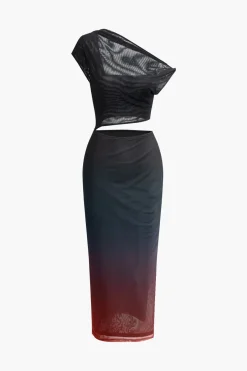 MICAS Maxi Dresses-Ombre Cut Out Asymmetrical Mesh Slit Midi Dress MULTICOLOR
