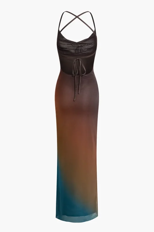 MICAS Maxi Dresses-Ombre Mesh Cowl Neck Cross Strap Maxi Dress MULTICOLOR