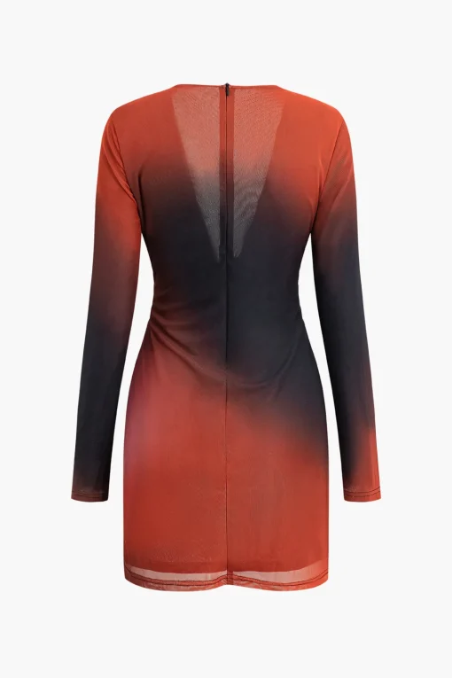 MICAS Long Sleeve Dresses|Mini Dresses-Ombre Mesh Deep V-neck Long Sleeve Mini Dress Contrast Color