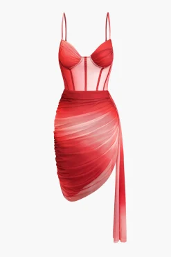 MICAS Mini Dresses-Ombre Ruched Mesh Bustier Slip Mini Dress RED
