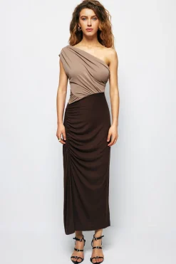 MICAS Maxi Dresses-One Shouder Patchwork Ruched Slit Maxi Dress LIGHT BROWN