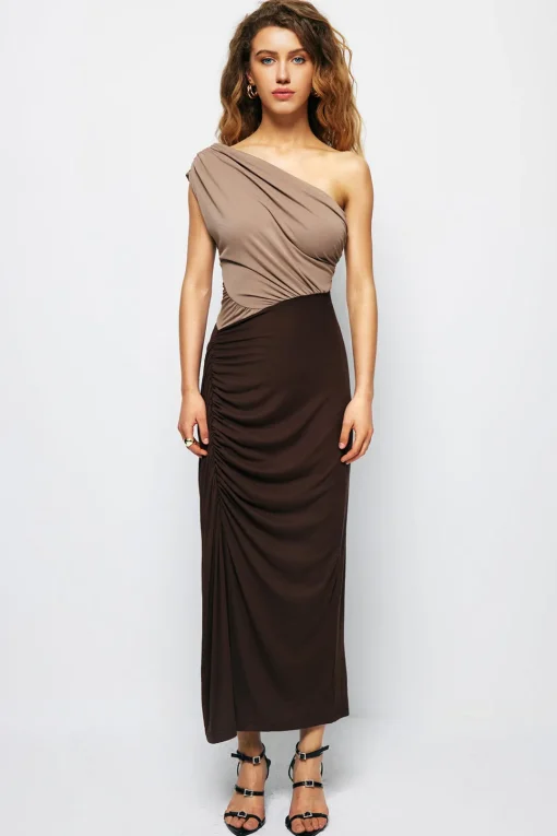 MICAS Maxi Dresses-One Shouder Patchwork Ruched Slit Maxi Dress LIGHT BROWN