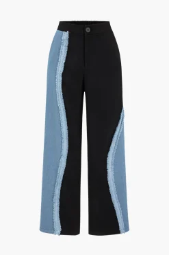 MICAS Pants-Patchwork Detail Wide Leg Trousers BLACK