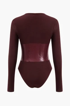 MICAS Bodysuits-Patchwork Faux Leather Long Sleeve Bodysuit BURGUNDY